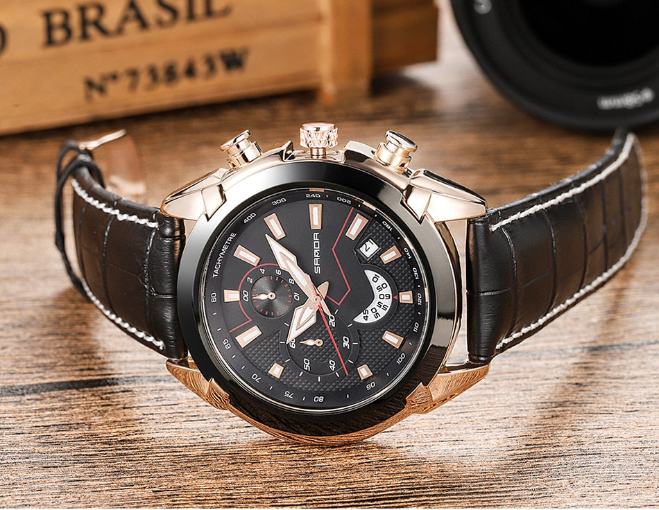 SANDA Men's Sport Watches Chronograph Leather Strap Quartz Army Military Wristwatches Top Brand Luxury Watch Men Clock New