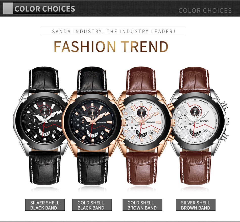 SANDA Men's Sport Watches Chronograph Leather Strap Quartz Army Military Wristwatches Top Brand Luxury Watch Men Clock New