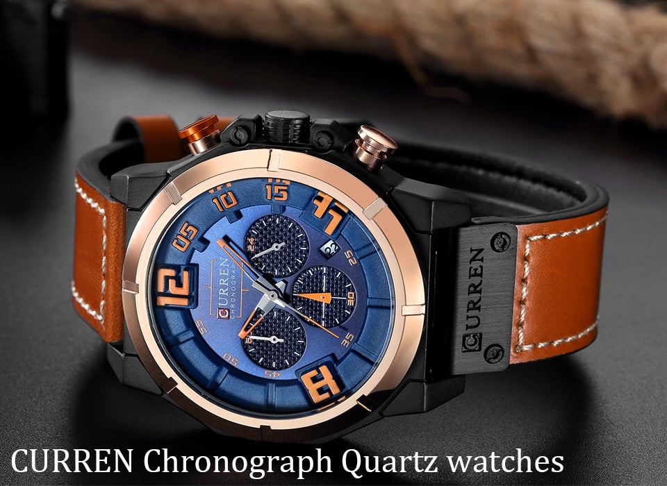 YSYH Chronograph Sports Men Watches Military Analog Quartz Wrist Watches Genuine Leather Strap Male Clock