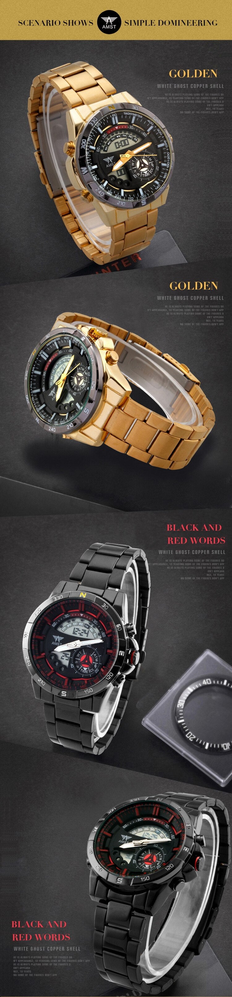 YSYH Mens Watch New Digital Pointer Dual Display Sports Wrist Watch Men Stainless Steel Gold Watch Waterproof Quartz Clock