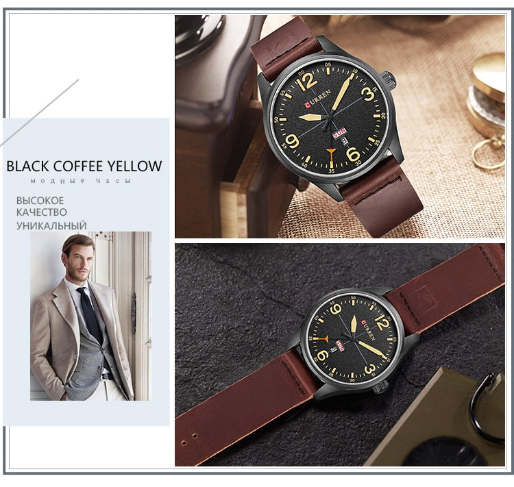 YSYH Simple style Calendar Casual Men Watches Leather Strap Male Clock Quartz Week Display Wrist Watch