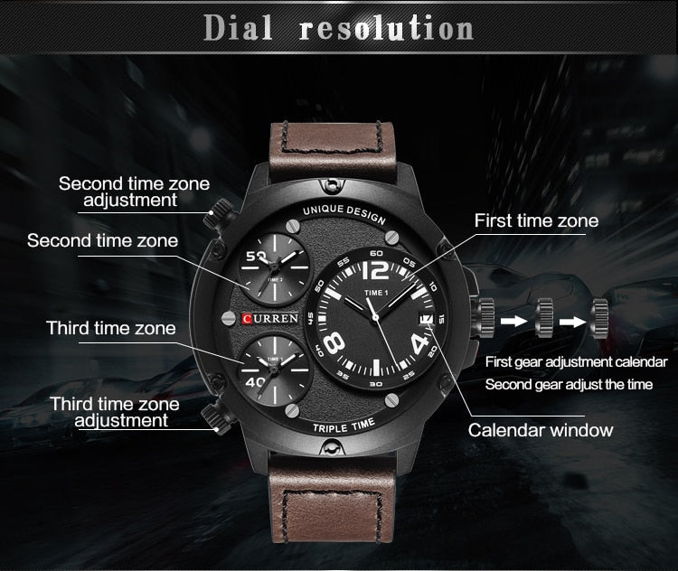 YSYH Casual Wristwatch Military Quartz Men's Watch Multiple Time Zone Leather Strap Male Clock