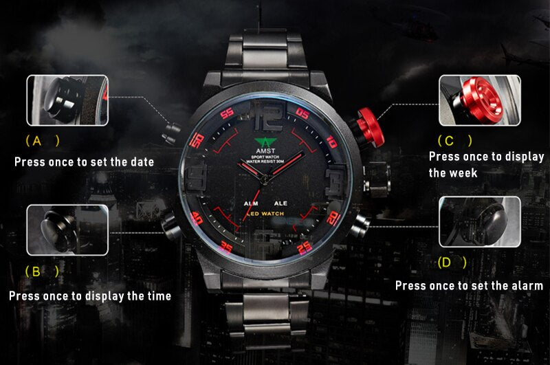 YSYH Men's G Style shock Watch LED Display Military Watch Men Double Display Watch 5Bars Waterproof Quartz Clock