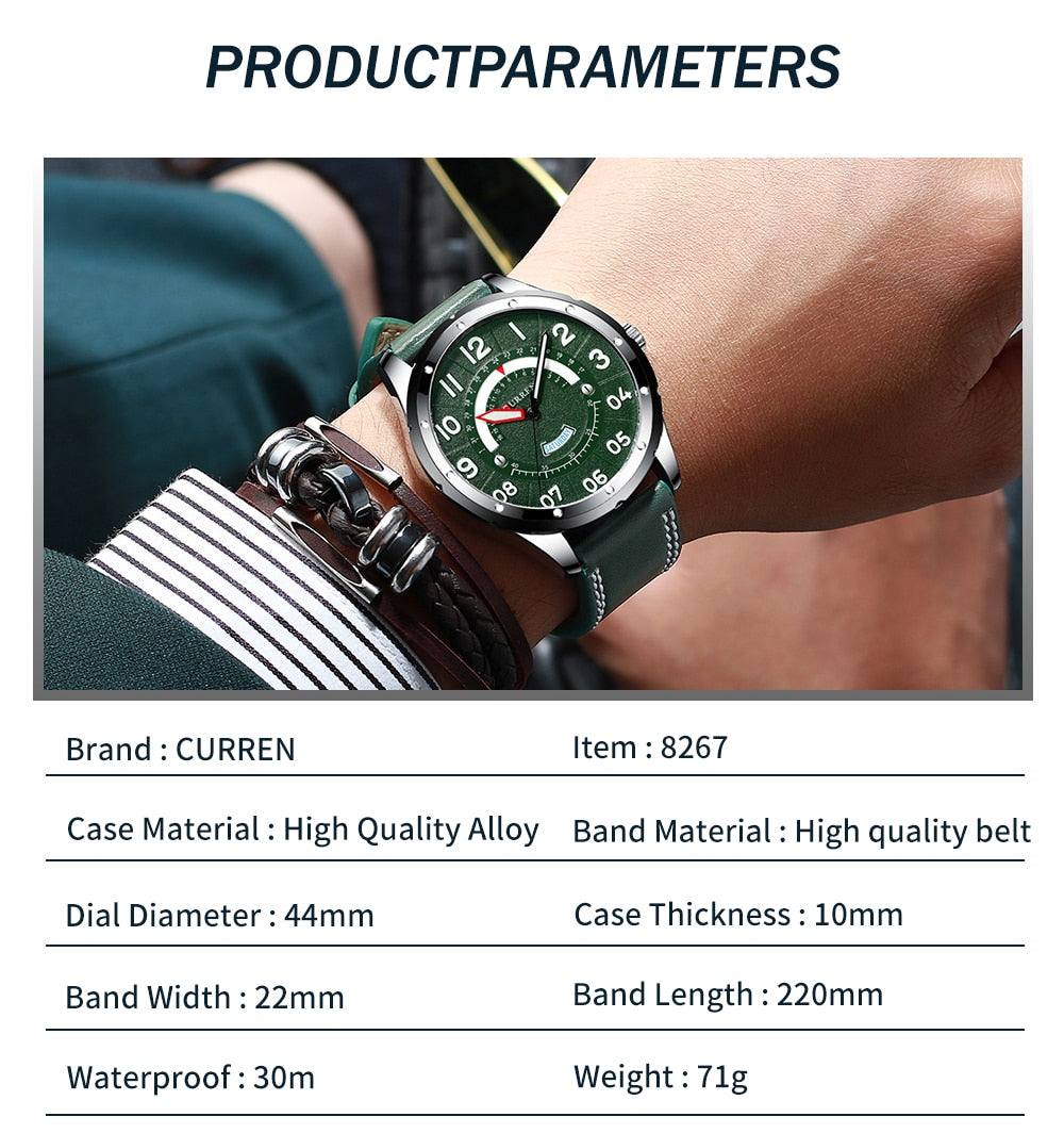 YSYH Casual Leather Strap Watch for Men Luxury Brand Military Green Clock Men Quartz Wristwatch Male Calendar Watch