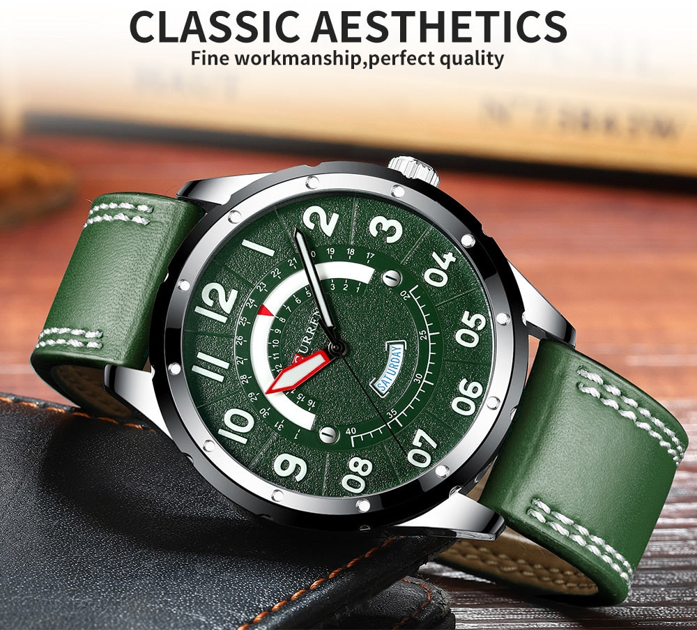 YSYH Casual Leather Strap Watch for Men Luxury Brand Military Green Clock Men Quartz Wristwatch Male Calendar Watch