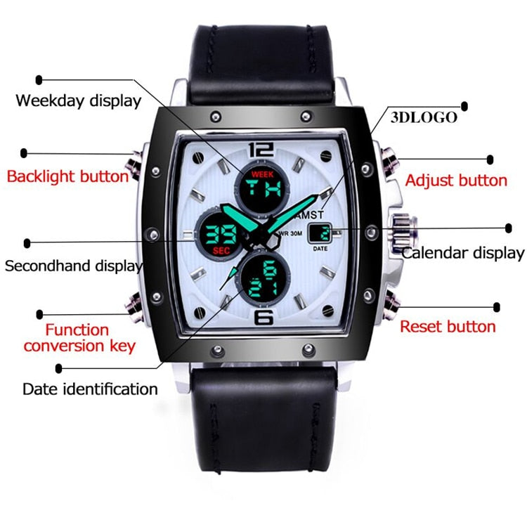 YSYH Mens Square Watch Double Display Quartzel Ectronic Clock 50M Waterproof Watch Men Luxury Brand Leather Wristwatch