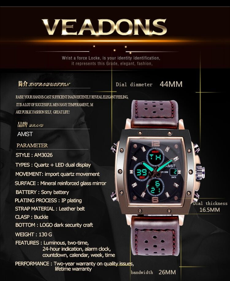 YSYH Mens Square Watch Double Display Quartzel Ectronic Clock 50M Waterproof Watch Men Luxury Brand Leather Wristwatch