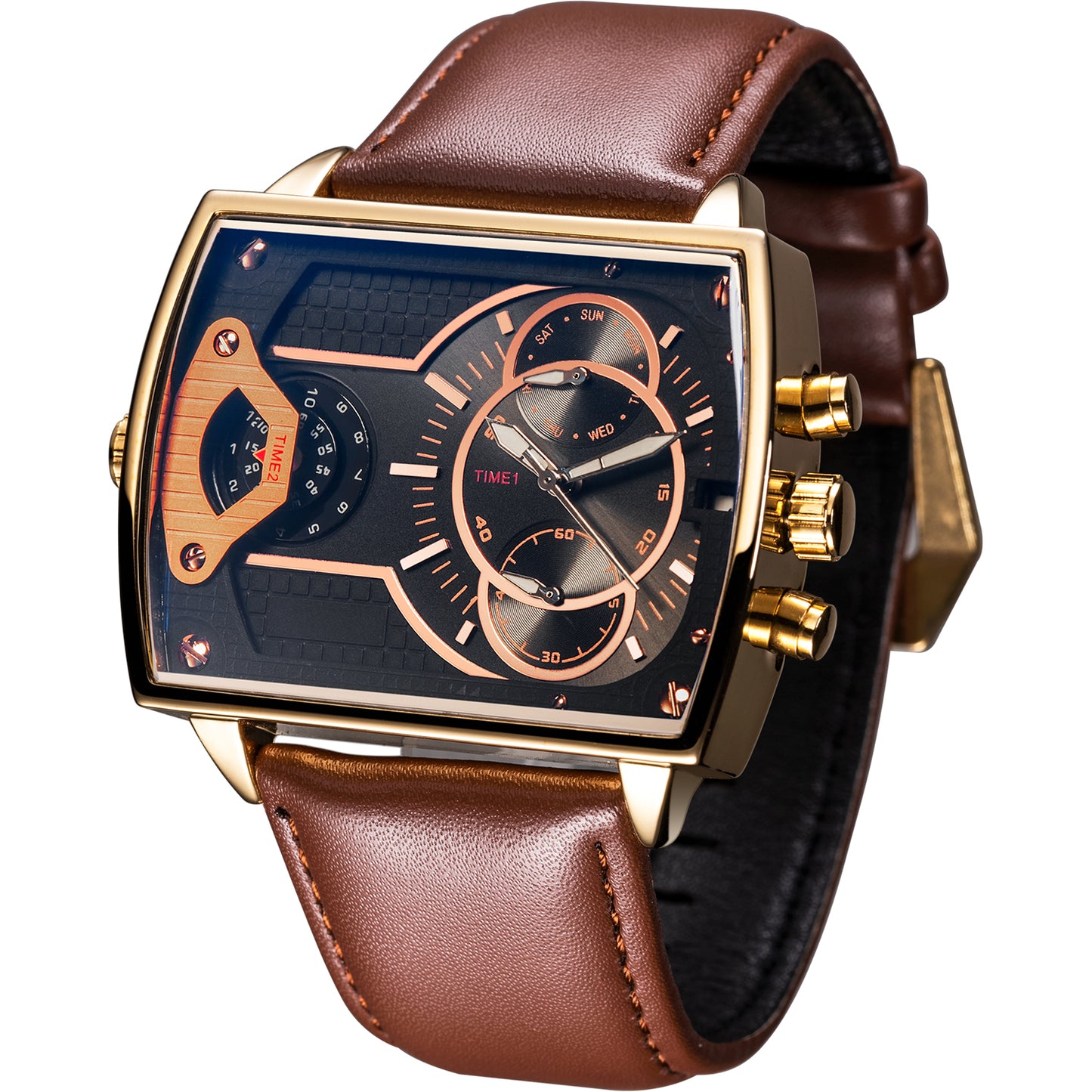 Men's Luxury Business Wrist watches Dual Time Zone Large Dial Man Waterproof Quartz Clock Leather Strap Casual Sports Watch