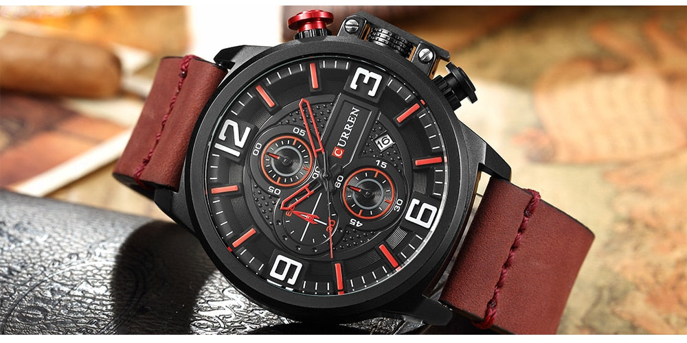 YSYH Sports Watches Chronograph Military Quartz Date Men's Wristwatch Leather Strap Male Clock