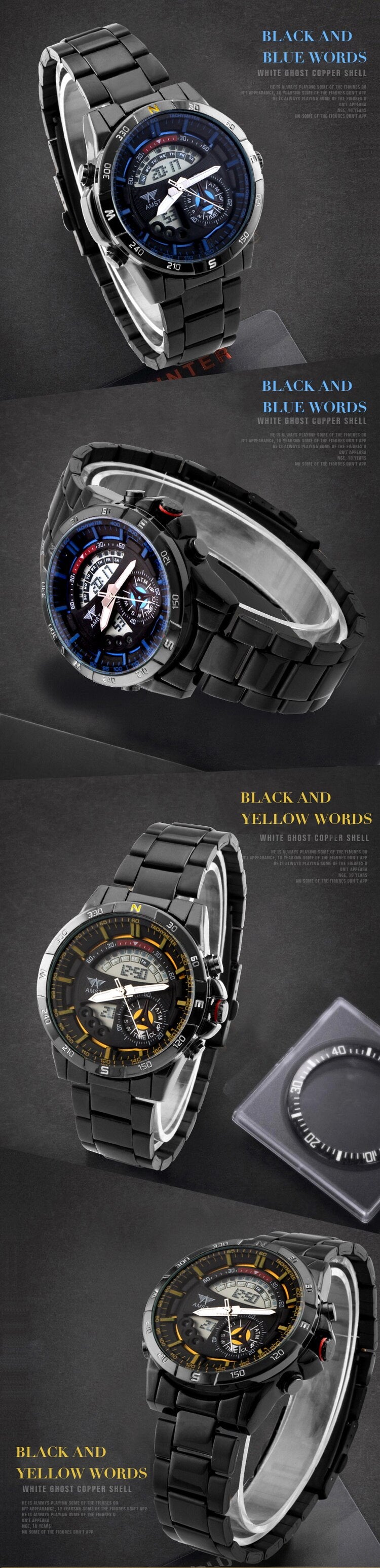 YSYH Mens Watch New Digital Pointer Dual Display Sports Wrist Watch Men Stainless Steel Gold Watch Waterproof Quartz Clock