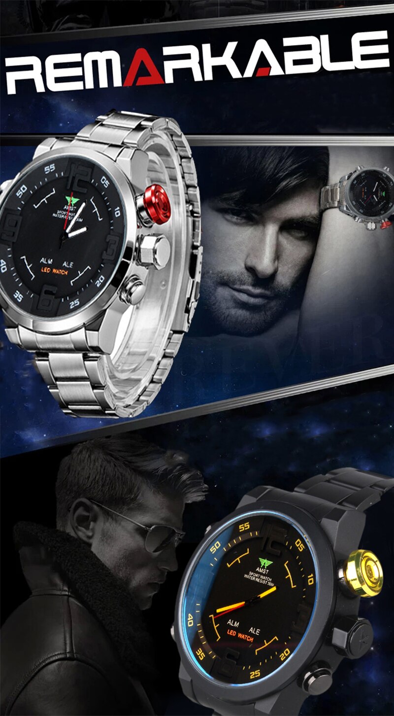 YSYH Men's G Style shock Watch LED Display Military Watch Men Double Display Watch 5Bars Waterproof Quartz Clock