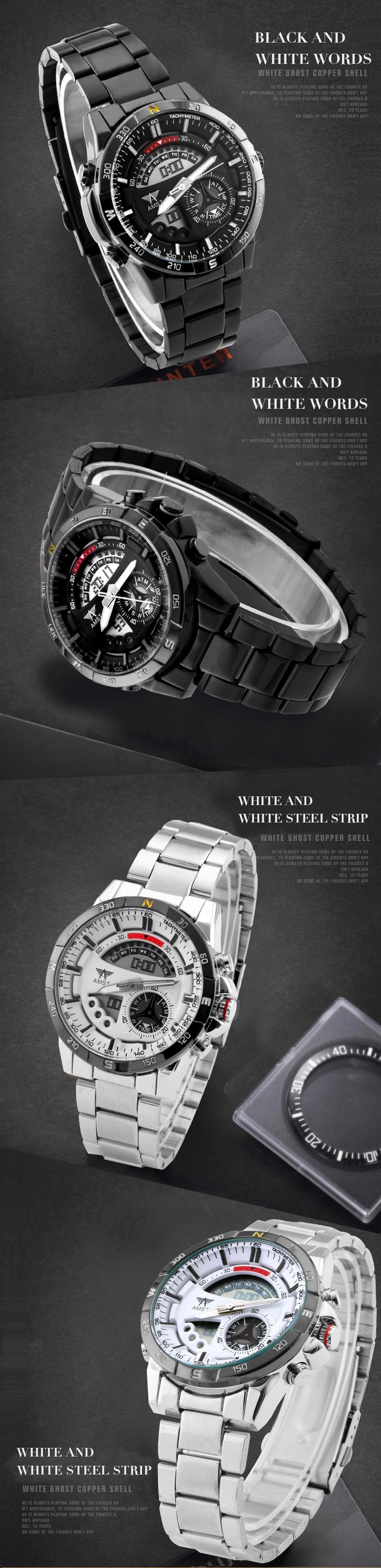 YSYH Mens Watch New Digital Pointer Dual Display Sports Wrist Watch Men Stainless Steel Gold Watch Waterproof Quartz Clock