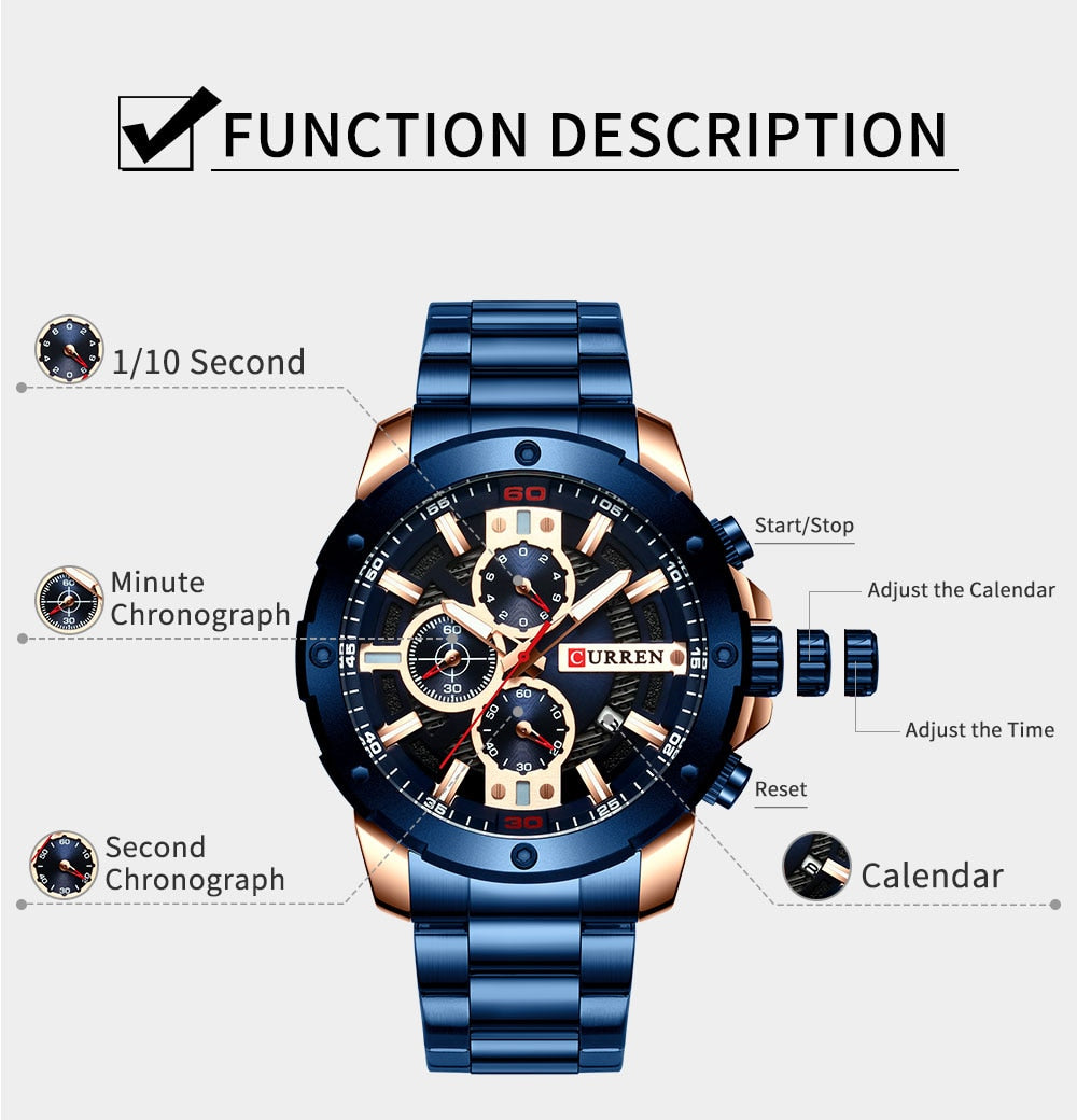 YSYH Watches Men Stainless Steel Band Quartz Wristwatch Military Chronograph Clock Male Sporty Watch Waterproof 8336