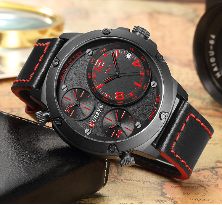 YSYH Casual Wristwatch Military Quartz Men's Watch Multiple Time Zone Leather Strap Male Clock