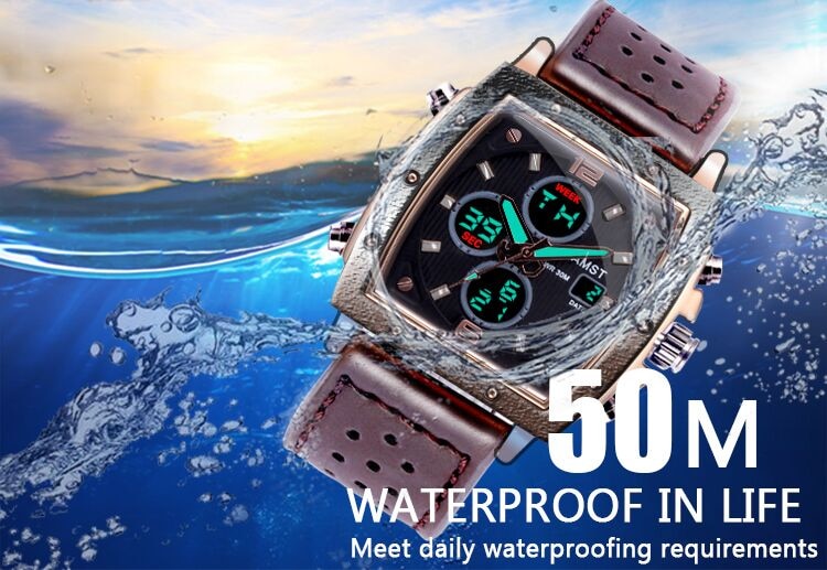 YSYH Mens Square Watch Double Display Quartzel Ectronic Clock 50M Waterproof Watch Men Luxury Brand Leather Wristwatch