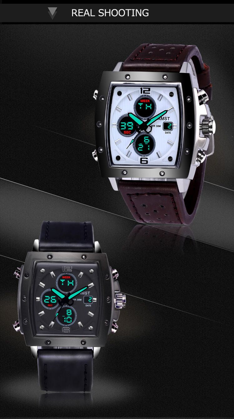YSYH Mens Square Watch Double Display Quartzel Ectronic Clock 50M Waterproof Watch Men Luxury Brand Leather Wristwatch