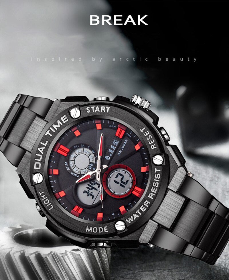 Man Multifunction Sports Watch Stainless Steel Strap Dual Display Quartz Watches Men's Waterproof LED Digital Clock New