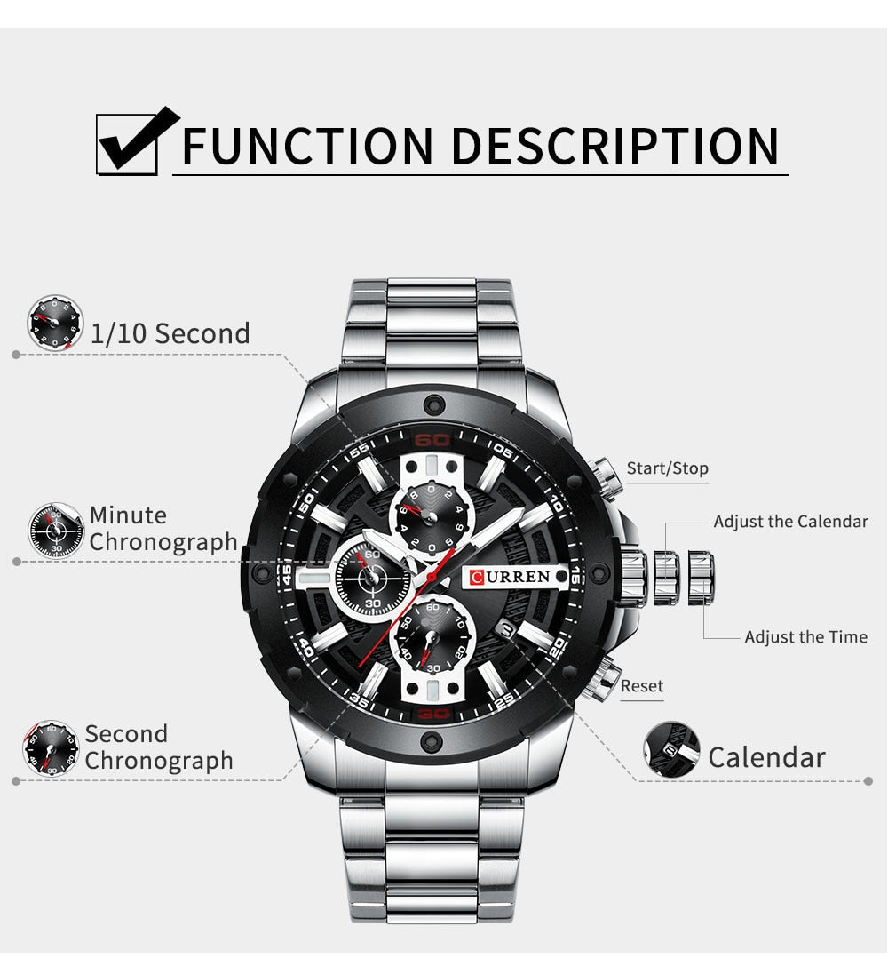YSYH Luxury Quartz Wristwatch Men Sport Watches 8336 Stainless Steel Band Chronograph Clock Male Waterproof