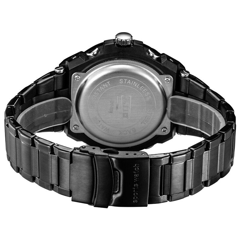 Man Multifunction Sports Watch Stainless Steel Strap Dual Display Quartz Watches Men's Waterproof LED Digital Clock New