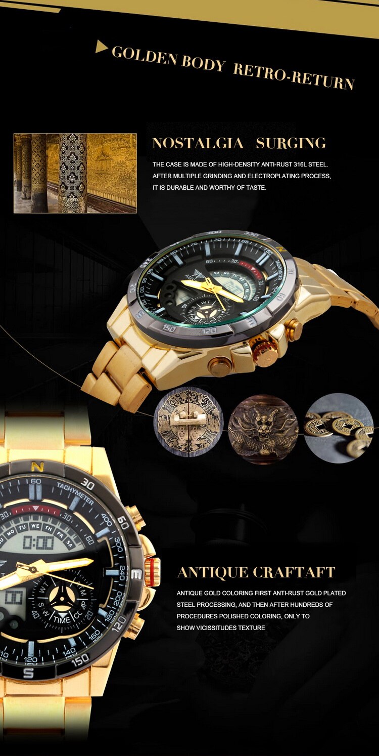 YSYH Mens Watch New Digital Pointer Dual Display Sports Wrist Watch Men Stainless Steel Gold Watch Waterproof Quartz Clock