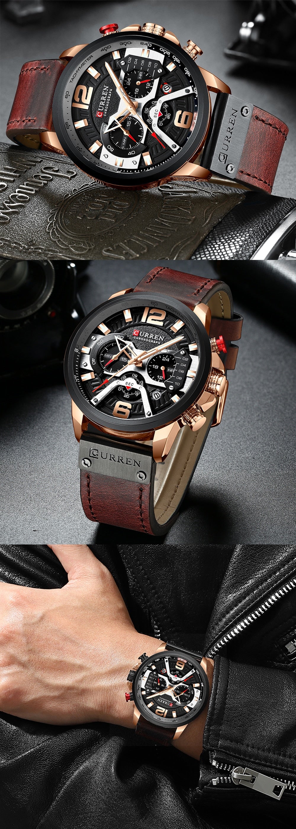 YSYH Luxury Leather SportsWatch Men Chronograph Quartz Man Clock