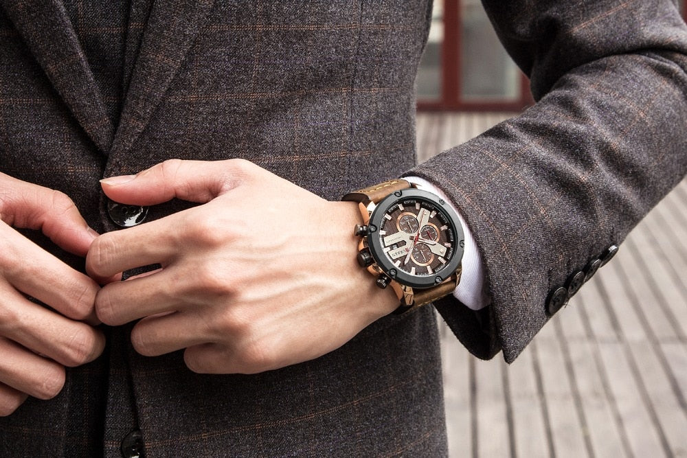 YSYH Luxury Men Multifunction Watch Leather Quartz Wistwatches With Gifts For Men