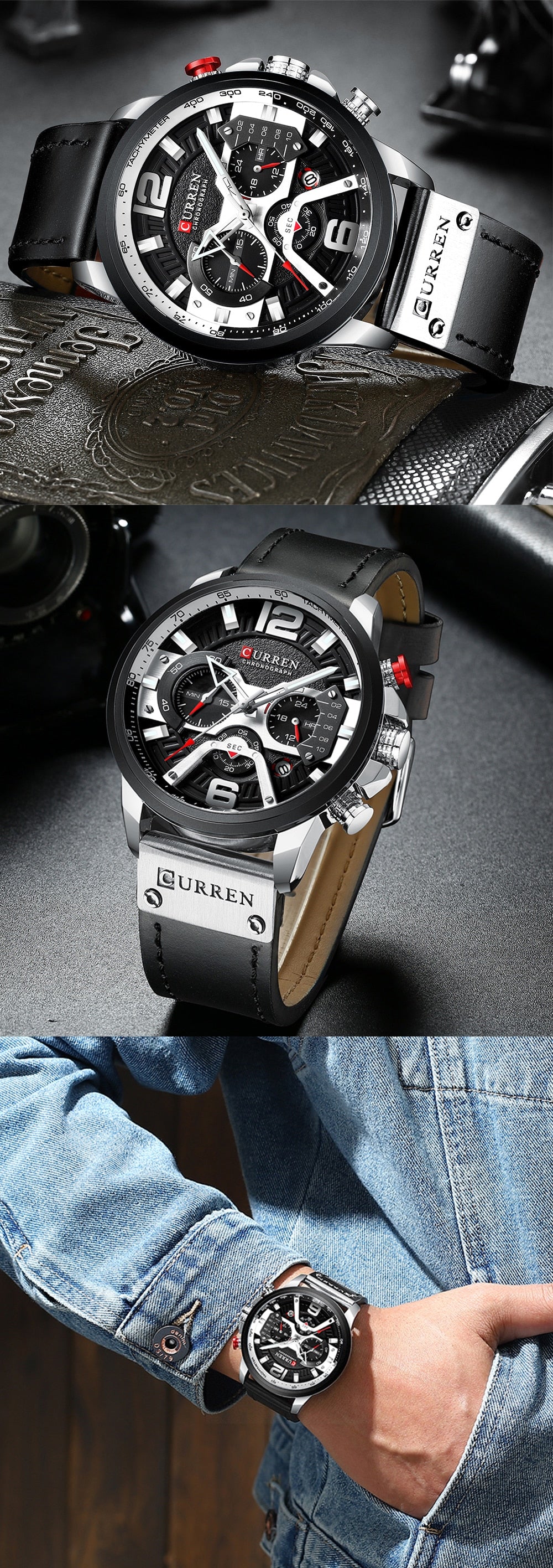 YSYH Luxury Leather SportsWatch Men Chronograph Quartz Man Clock