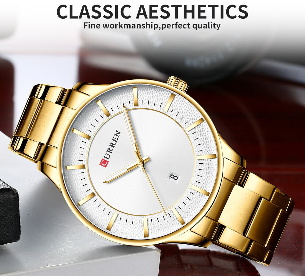 YSYH Luxury Gold Quartz Watches Men Stainless Steel Strap Wristwatch Auto Date Clock Male Classic Watch