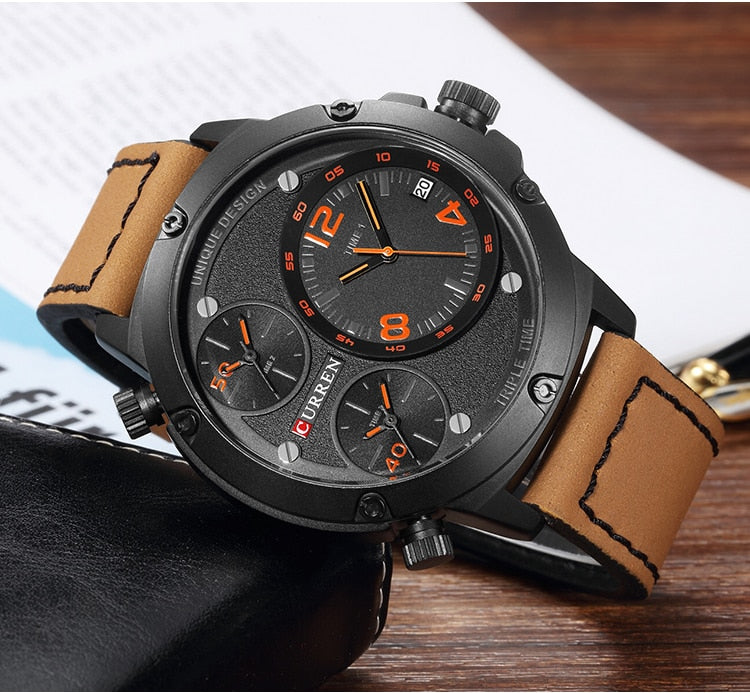 YSYH Casual Wristwatch Military Quartz Men's Watch Multiple Time Zone Leather Strap Male Clock