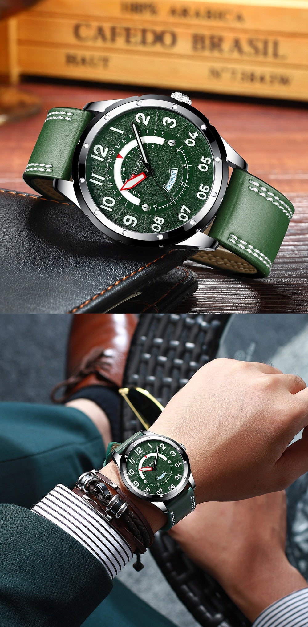 YSYH Casual Leather Strap Watch for Men Luxury Brand Military Green Clock Men Quartz Wristwatch Male Calendar Watch