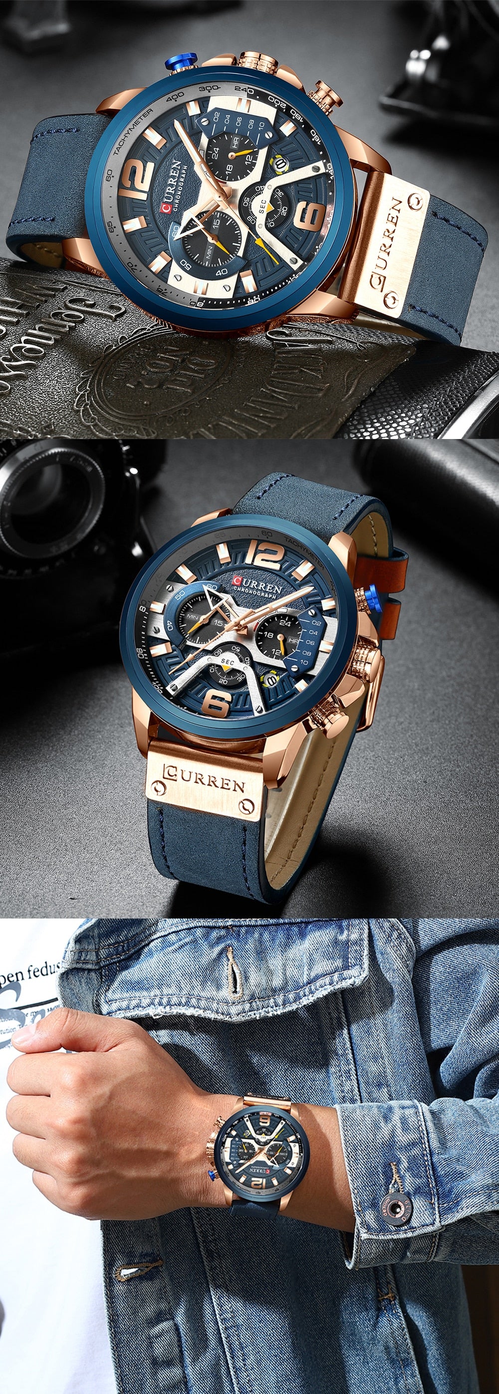 YSYH Luxury Leather SportsWatch Men Chronograph Quartz Man Clock