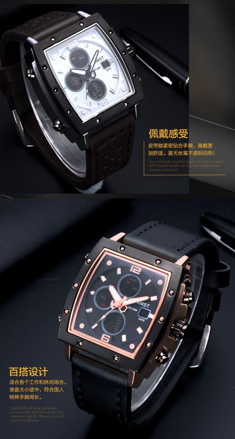 YSYH Mens Square Watch Double Display Quartzel Ectronic Clock 50M Waterproof Watch Men Luxury Brand Leather Wristwatch