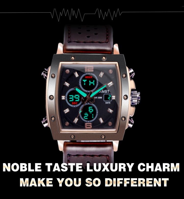 YSYH Mens Square Watch Double Display Quartzel Ectronic Clock 50M Waterproof Watch Men Luxury Brand Leather Wristwatch