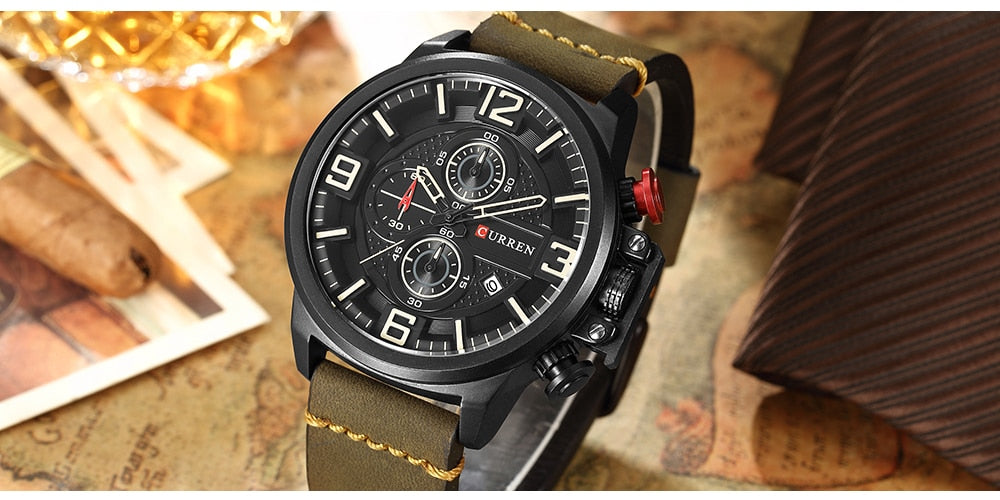 YSYH Sports Watches Chronograph Military Quartz Date Men's Wristwatch Leather Strap Male Clock