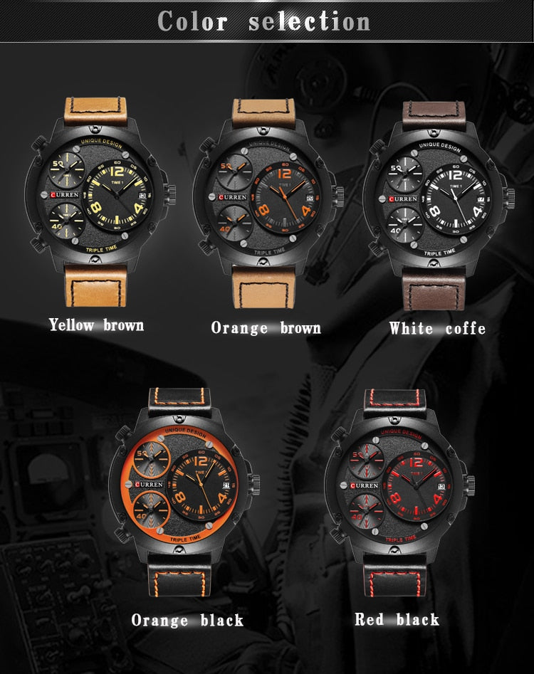 YSYH Casual Wristwatch Military Quartz Men's Watch Multiple Time Zone Leather Strap Male Clock