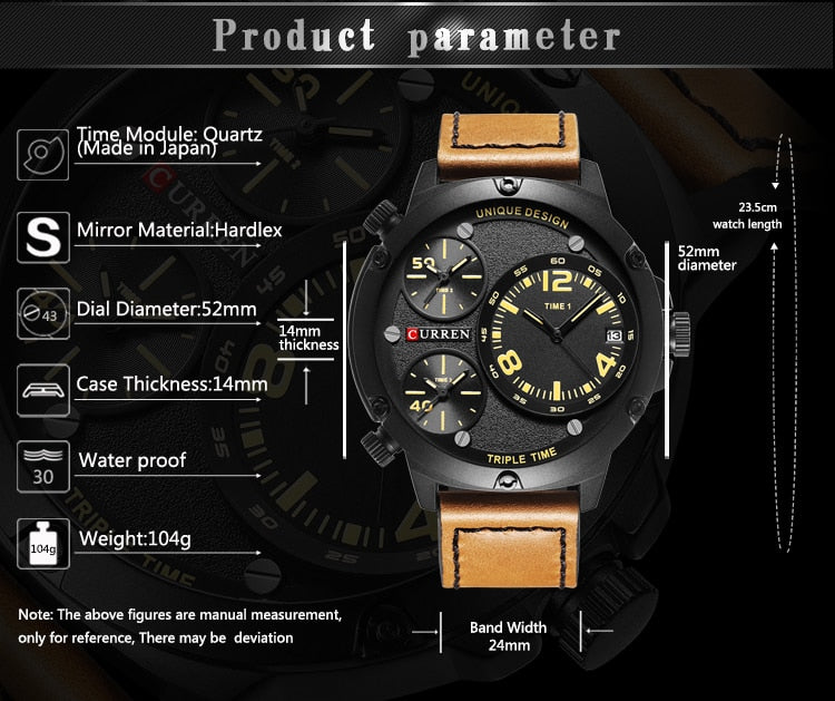 YSYH Casual Wristwatch Military Quartz Men's Watch Multiple Time Zone Leather Strap Male Clock