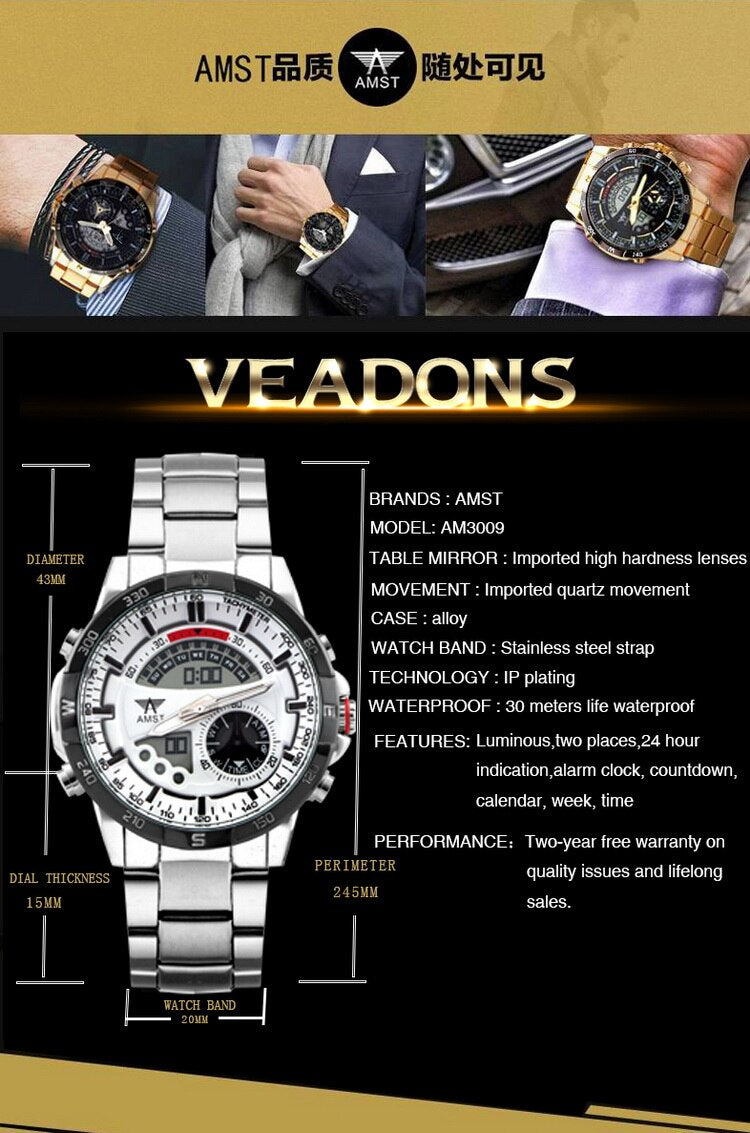 YSYH Mens Watch New Digital Pointer Dual Display Sports Wrist Watch Men Stainless Steel Gold Watch Waterproof Quartz Clock