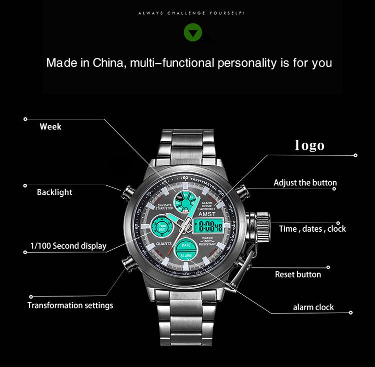 YSYH New Men's Wristwatch Clock Digital Dual Display Watch Male Multi-function Quartz Clock 50M Waterproof Chronograph
