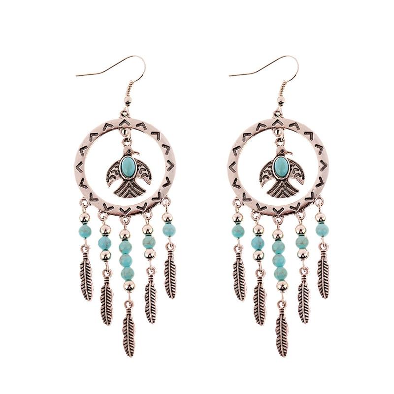 Vintage Silver Turquoise Tassel Beaded Earrings-Earrings-Rossny