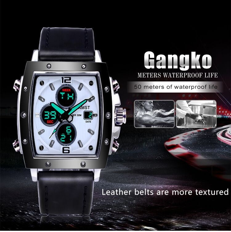 YSYH Mens Square Watch Double Display Quartzel Ectronic Clock 50M Waterproof Watch Men Luxury Brand Leather Wristwatch