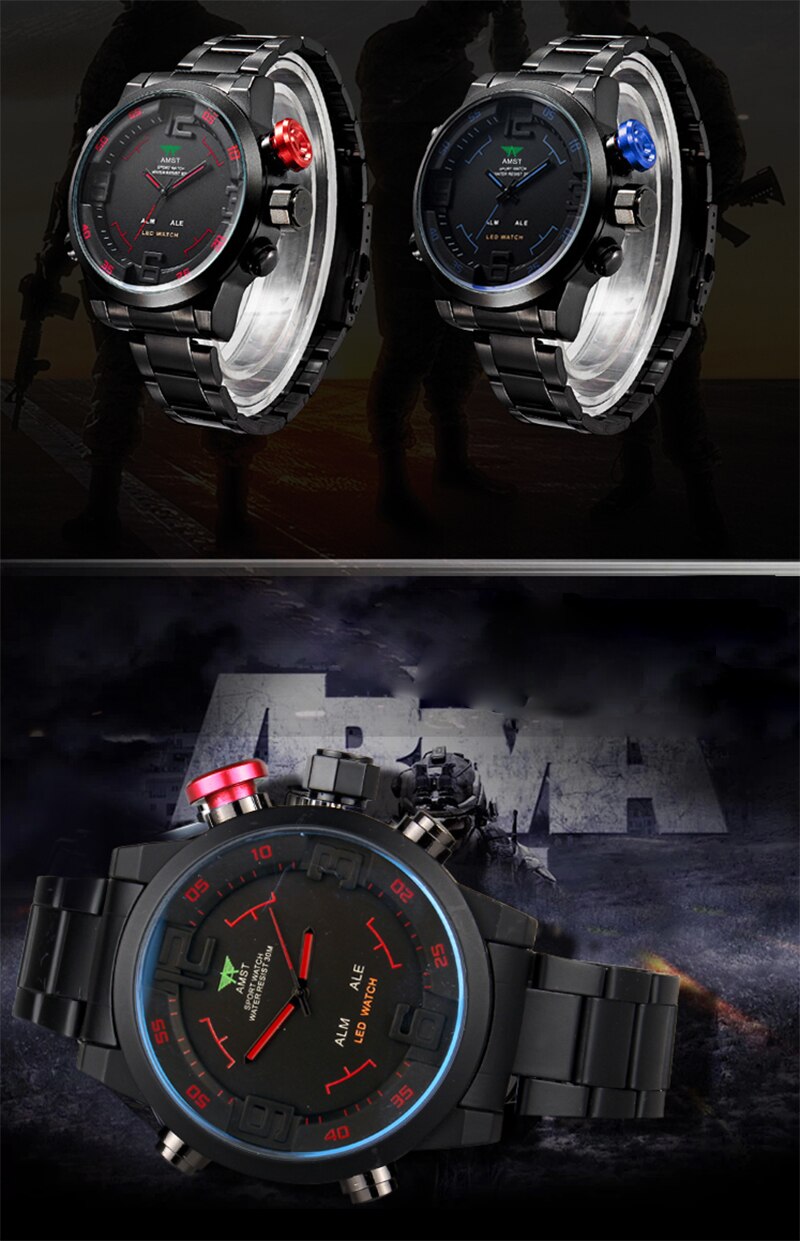 YSYH Men's G Style shock Watch LED Display Military Watch Men Double Display Watch 5Bars Waterproof Quartz Clock