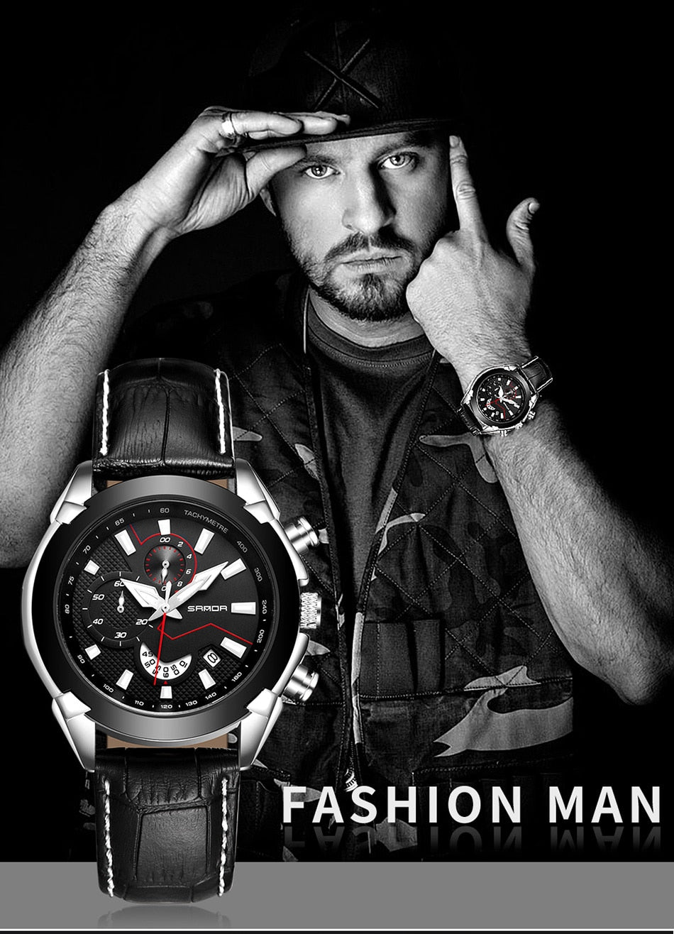 SANDA Men's Sport Watches Chronograph Leather Strap Quartz Army Military Wristwatches Top Brand Luxury Watch Men Clock New