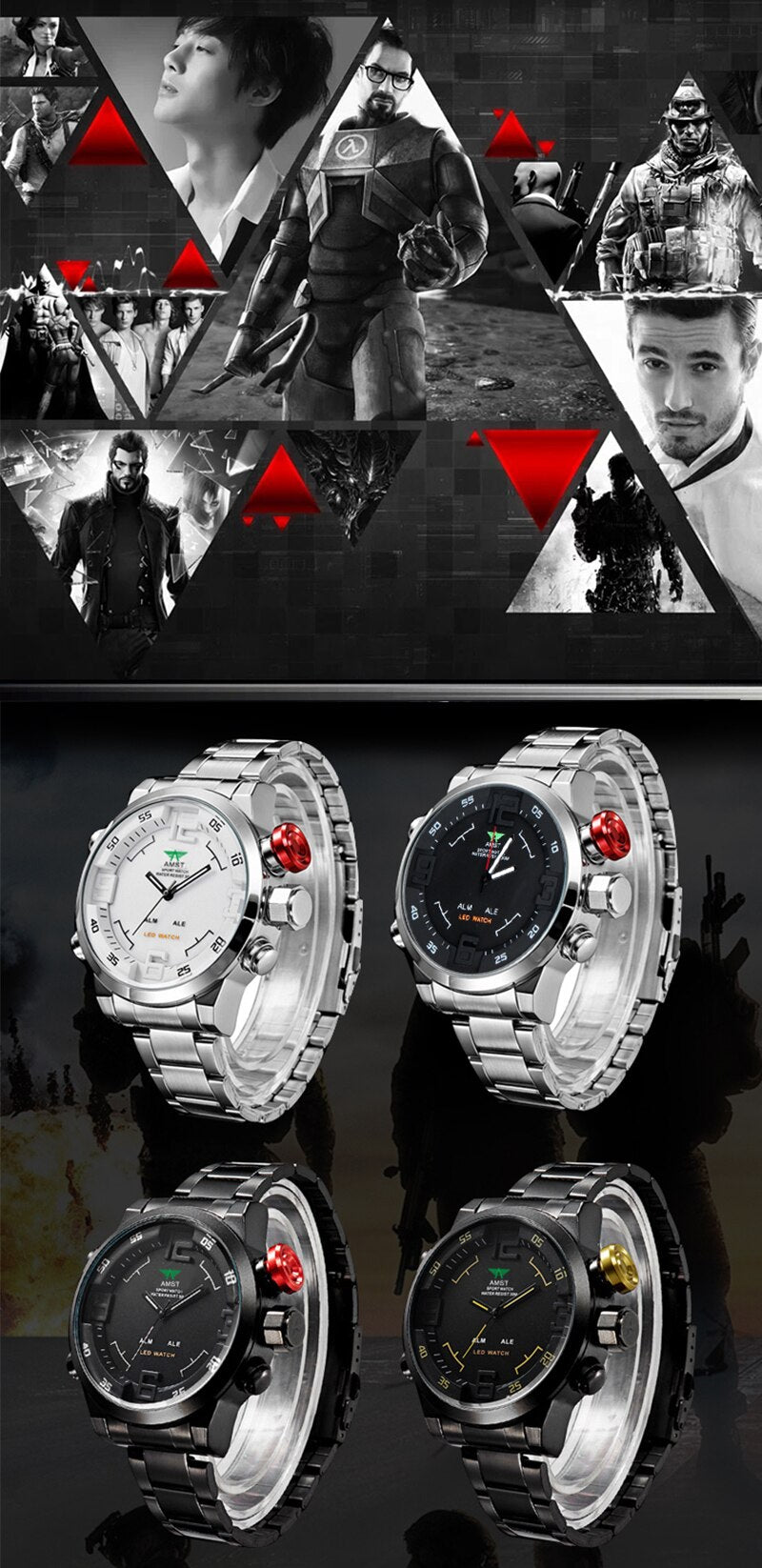 YSYH Men's G Style shock Watch LED Display Military Watch Men Double Display Watch 5Bars Waterproof Quartz Clock