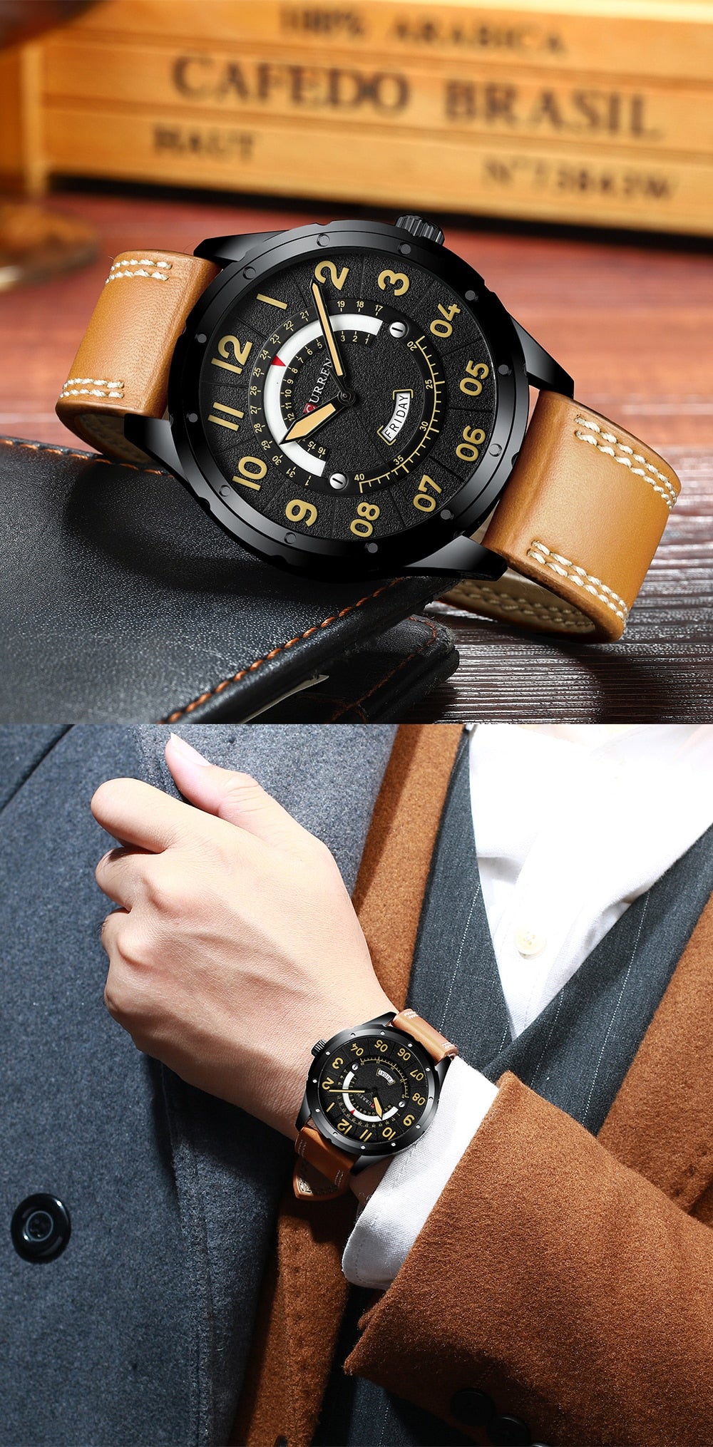 YSYH Casual Leather Strap Watch for Men Luxury Brand Military Green Clock Men Quartz Wristwatch Male Calendar Watch