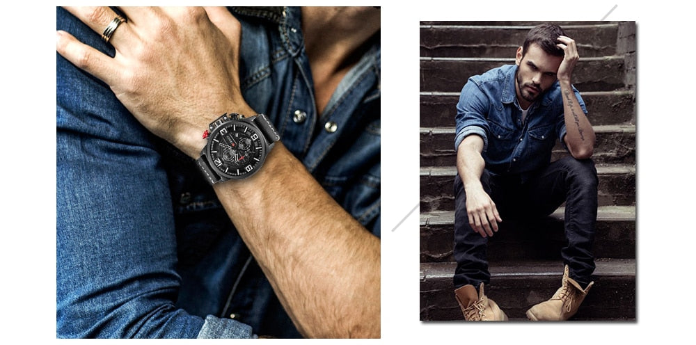 YSYH Sports Watches Chronograph Military Quartz Date Men's Wristwatch Leather Strap Male Clock