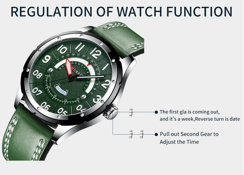 YSYH Casual Leather Strap Watch for Men Luxury Brand Military Green Clock Men Quartz Wristwatch Male Calendar Watch