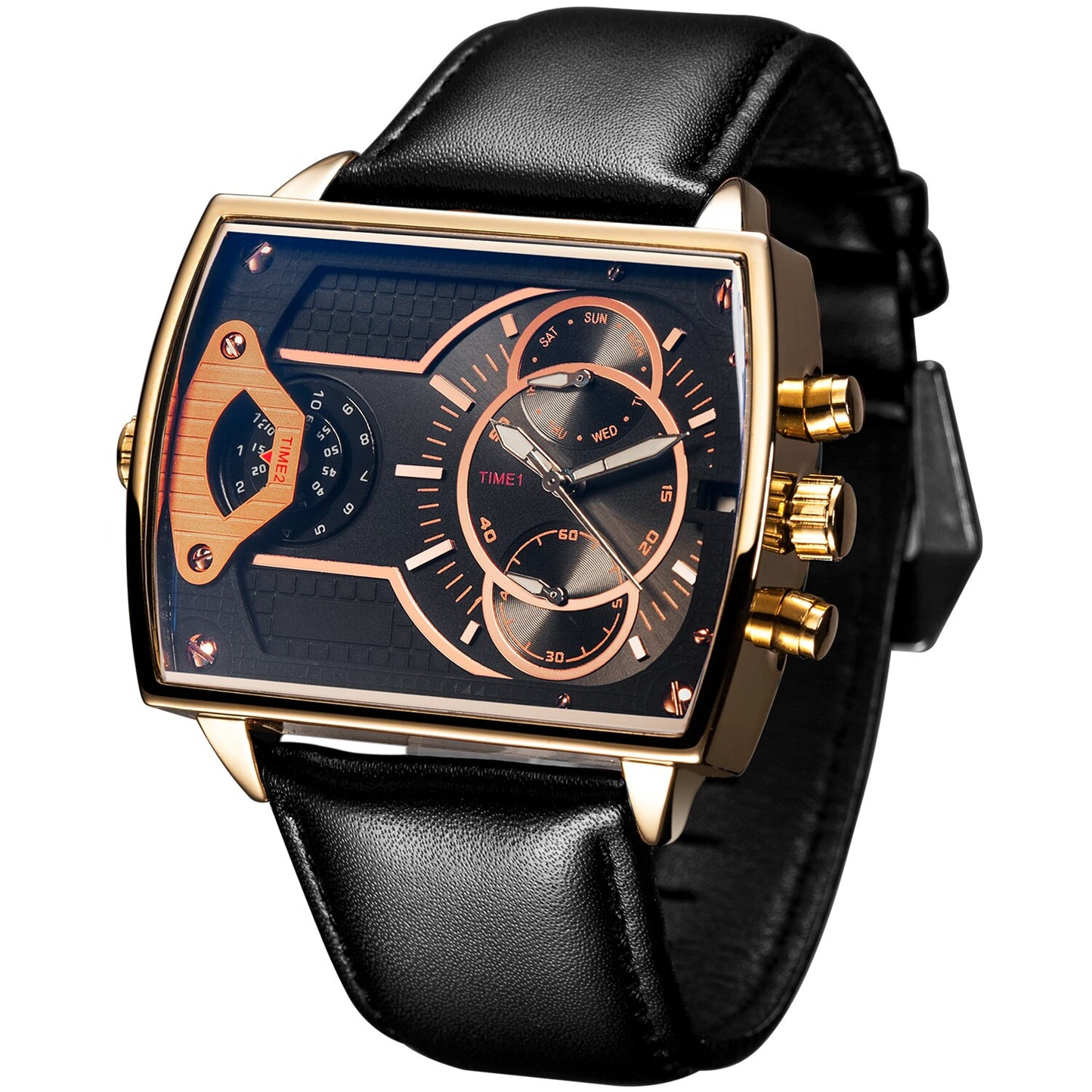 Men's Luxury Business Wrist watches Dual Time Zone Large Dial Man Waterproof Quartz Clock Leather Strap Casual Sports Watch