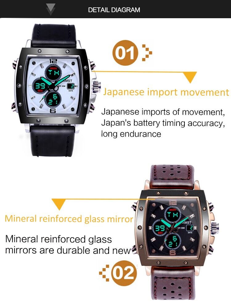 YSYH Mens Square Watch Double Display Quartzel Ectronic Clock 50M Waterproof Watch Men Luxury Brand Leather Wristwatch