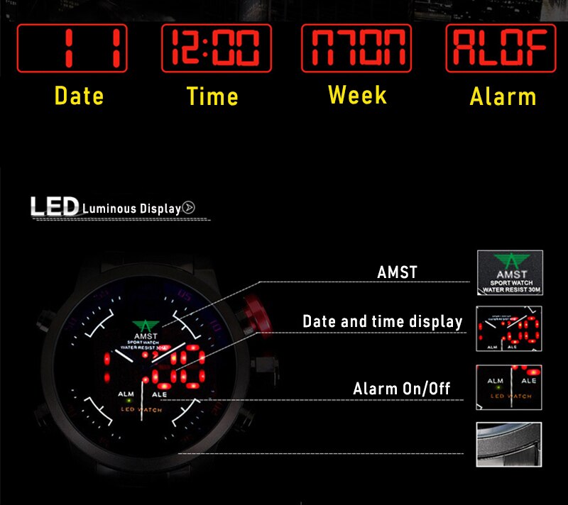 YSYH Men's G Style shock Watch LED Display Military Watch Men Double Display Watch 5Bars Waterproof Quartz Clock
