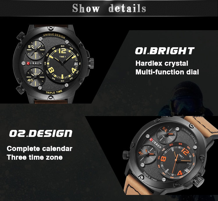 YSYH Casual Wristwatch Military Quartz Men's Watch Multiple Time Zone Leather Strap Male Clock